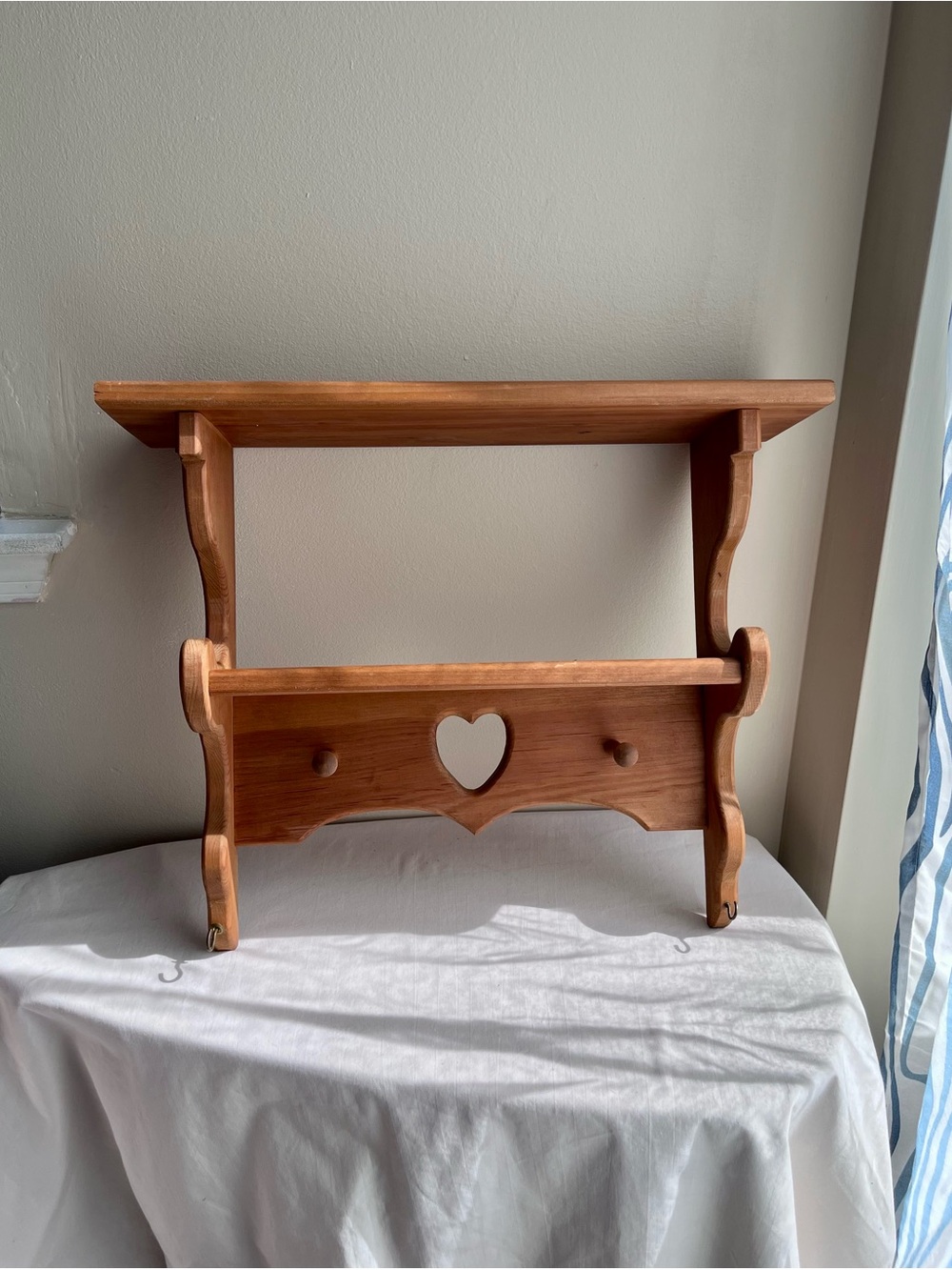 Two Tier Wooden Heart Accent Wall Shelf - Natural Wood